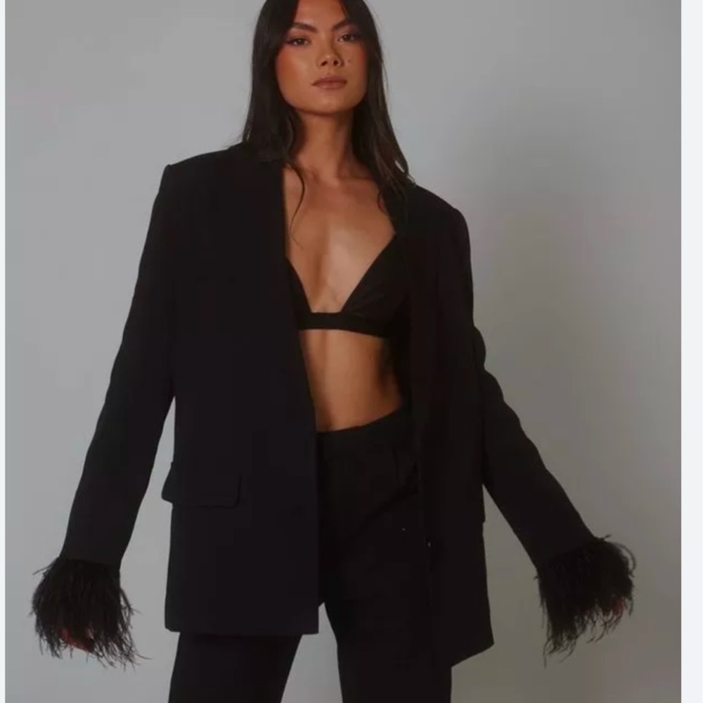 Black Oversized Blazer with Feather Cuffs